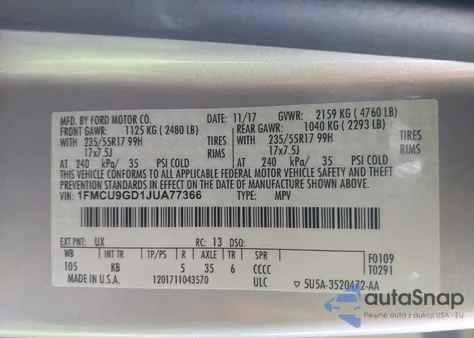 2018 Ford Escape Se from USA, damaged, VIN 1FMCU9GD1JUA77366